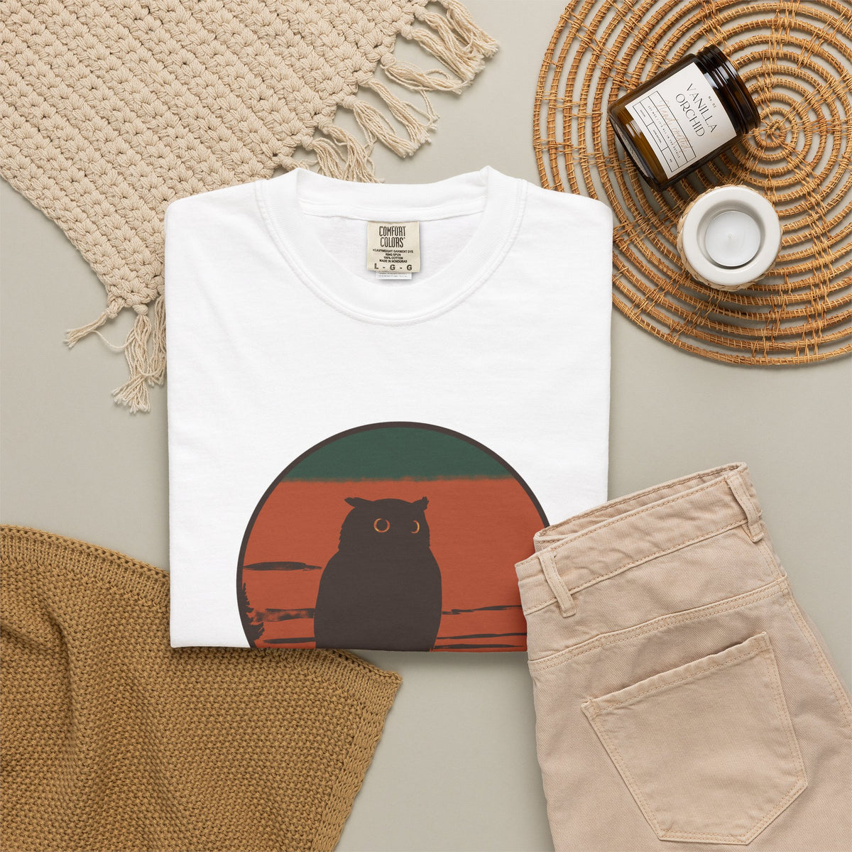 Night Owl sleepy owl tee by Slow Sunday Tees - Ivory Comfort Colors unisex tee, folded detail view