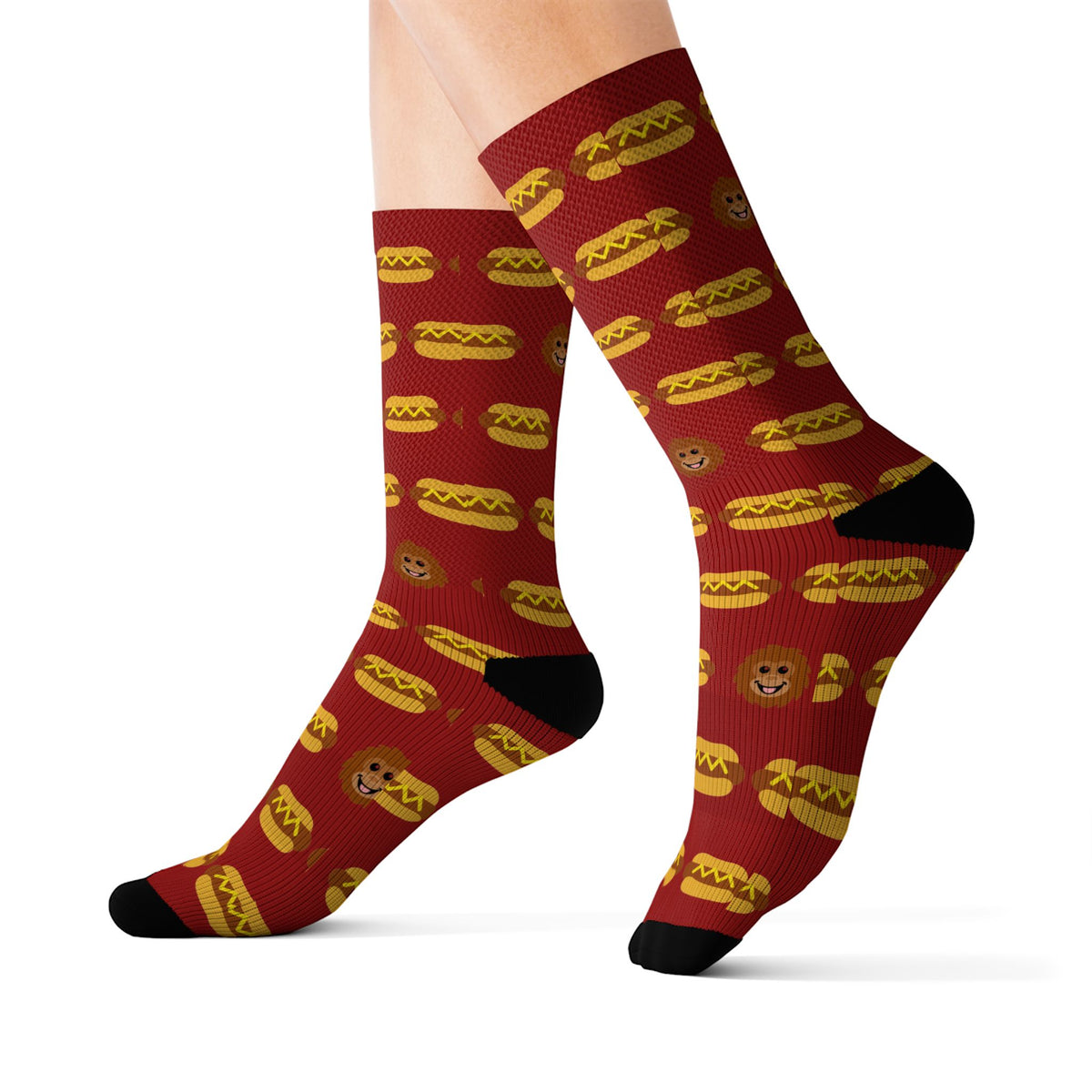 The Full Roster hot dog socks - all-over hot dog pattern on ketchup red with a hidden Otis the sasquatch head