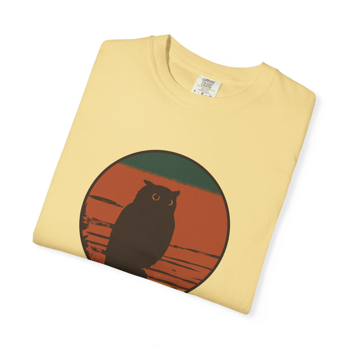 Night Owl sleepy owl tee by Slow Sunday Tees - Butter Comfort Colors unisex tee, folded detail view