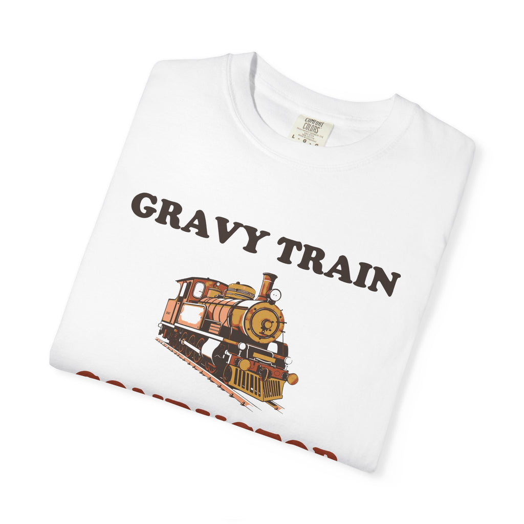 Gravy Train Conductor tee in White, folded — close view of the locomotive and GRAVY TRAIN CONDUCTOR print