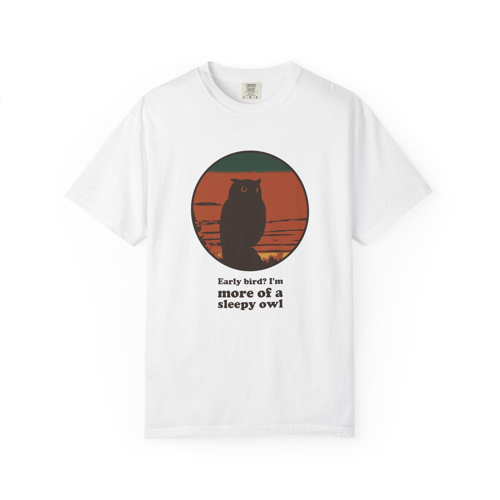 Night Owl funny tee - sleepy owl silhouette in a sunset circle with the words 'Early bird? I'm more of a sleepy owl', White Comfort Colors unisex tee