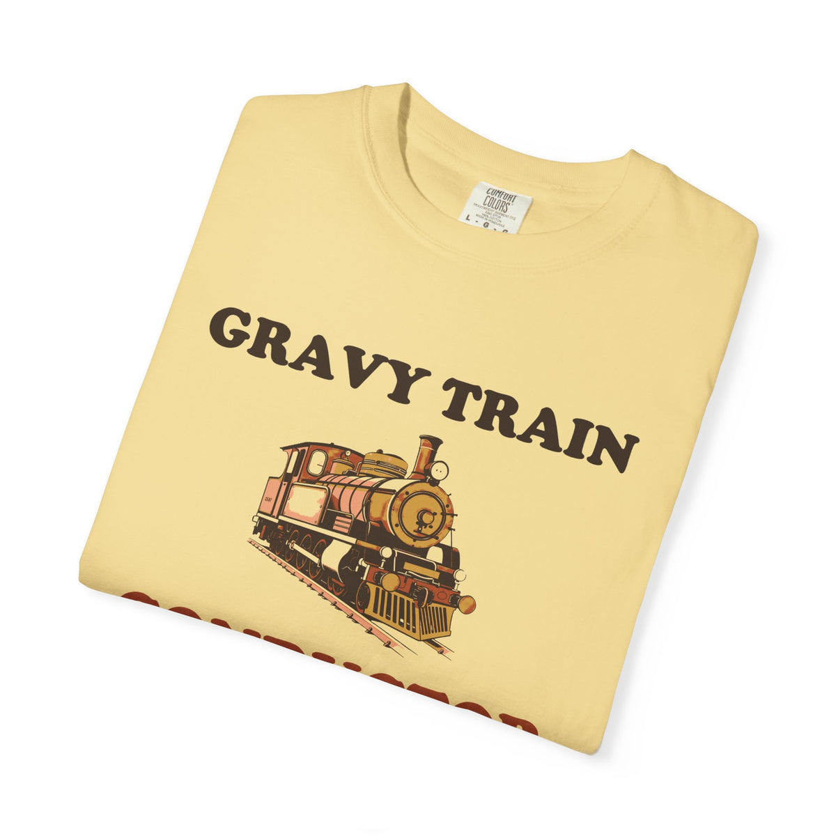 Gravy Train Conductor tee in Butter yellow, folded — close view of the locomotive and GRAVY TRAIN CONDUCTOR print