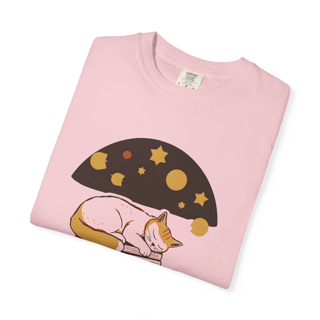 Lunch Break Read tee in Blossom pink, folded — close view of the sleeping cat and books print