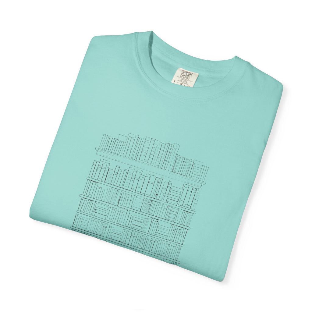 So Many Books So Little Shelf Space tee in Chalky Mint, folded — close view of the bookshelf print