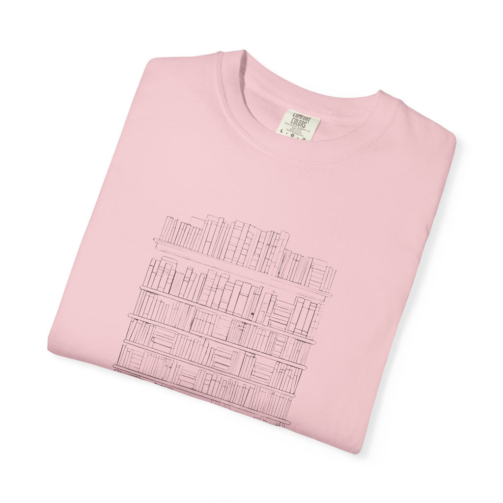 So Many Books So Little Shelf Space tee in Blossom pink, folded — close view of the bookshelf print