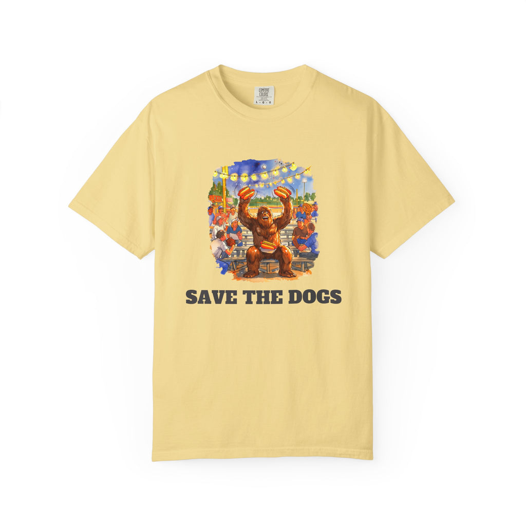 Save The Dogs funny baseball hot dog tee by Slow Sunday Tees - Comfort Colors unisex tee