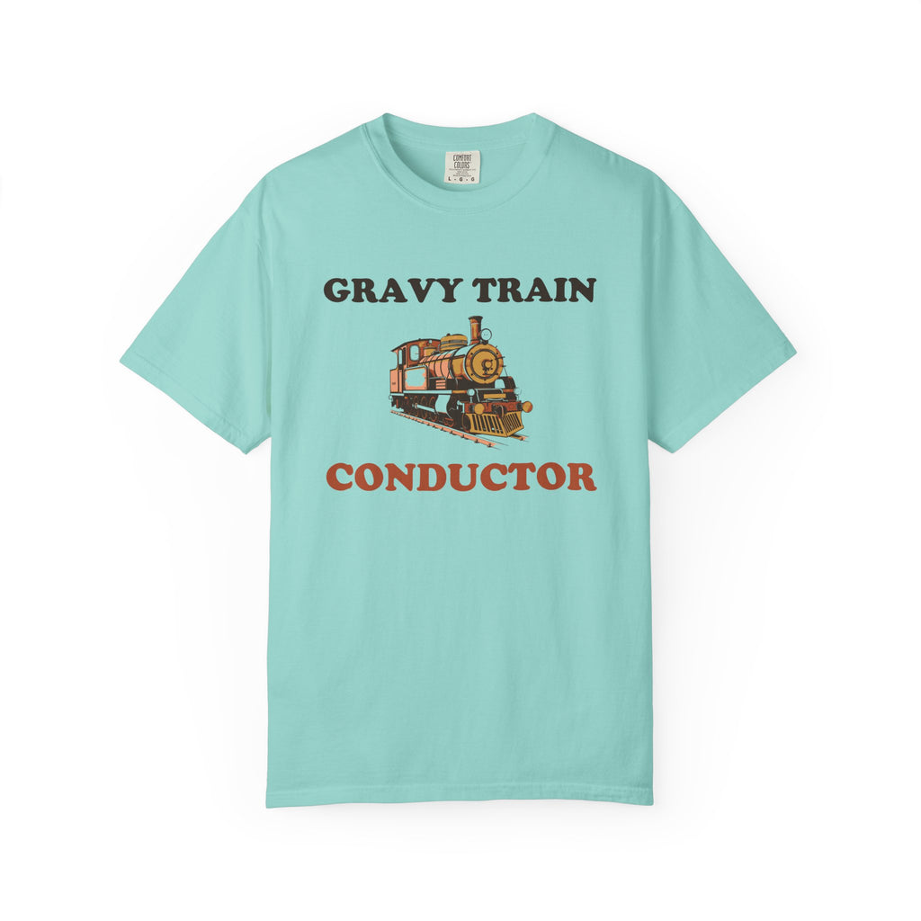 Gravy Train Conductor Thanksgiving tee in Chalky Mint — Comfort Colors unisex T-shirt with a vintage steam locomotive with the words GRAVY TRAIN above and CONDUCTOR below printed on the front