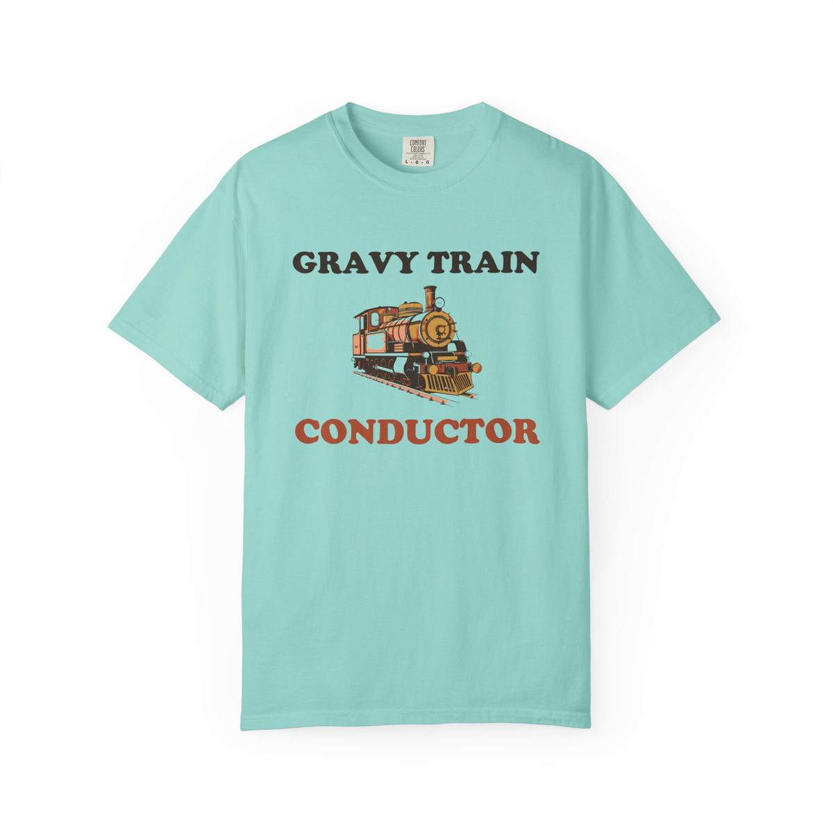 Gravy Train Conductor Thanksgiving tee in Chalky Mint — Comfort Colors unisex T-shirt with a vintage steam locomotive with the words GRAVY TRAIN above and CONDUCTOR below printed on the front