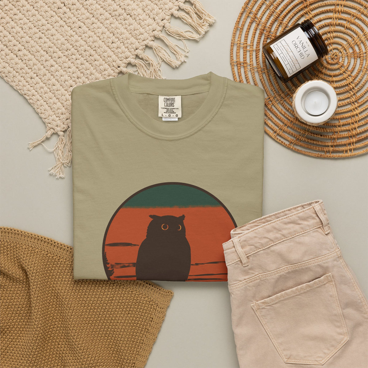 Night Owl sleepy owl tee by Slow Sunday Tees - Butter Comfort Colors unisex tee, back view