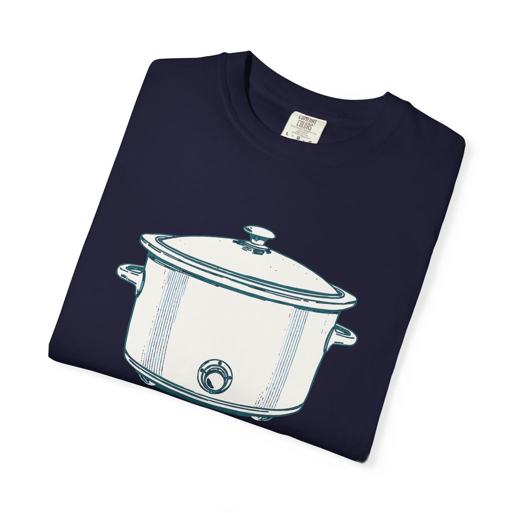 I Have Feelings I'm Processing Them Slowly tee in True Navy, folded — close view of the slow cooker print