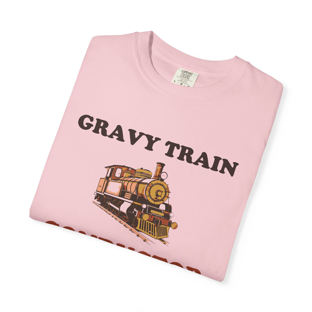 Gravy Train Conductor tee in Blossom pink, folded — close view of the locomotive and GRAVY TRAIN CONDUCTOR print