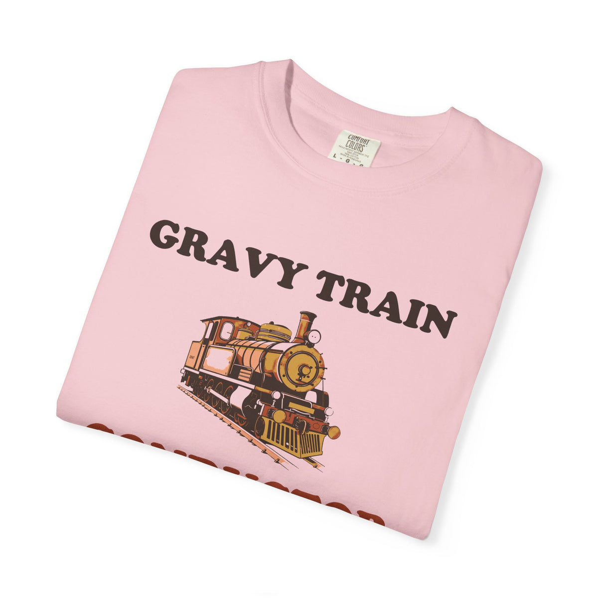 Gravy Train Conductor tee in Blossom pink, folded — close view of the locomotive and GRAVY TRAIN CONDUCTOR print