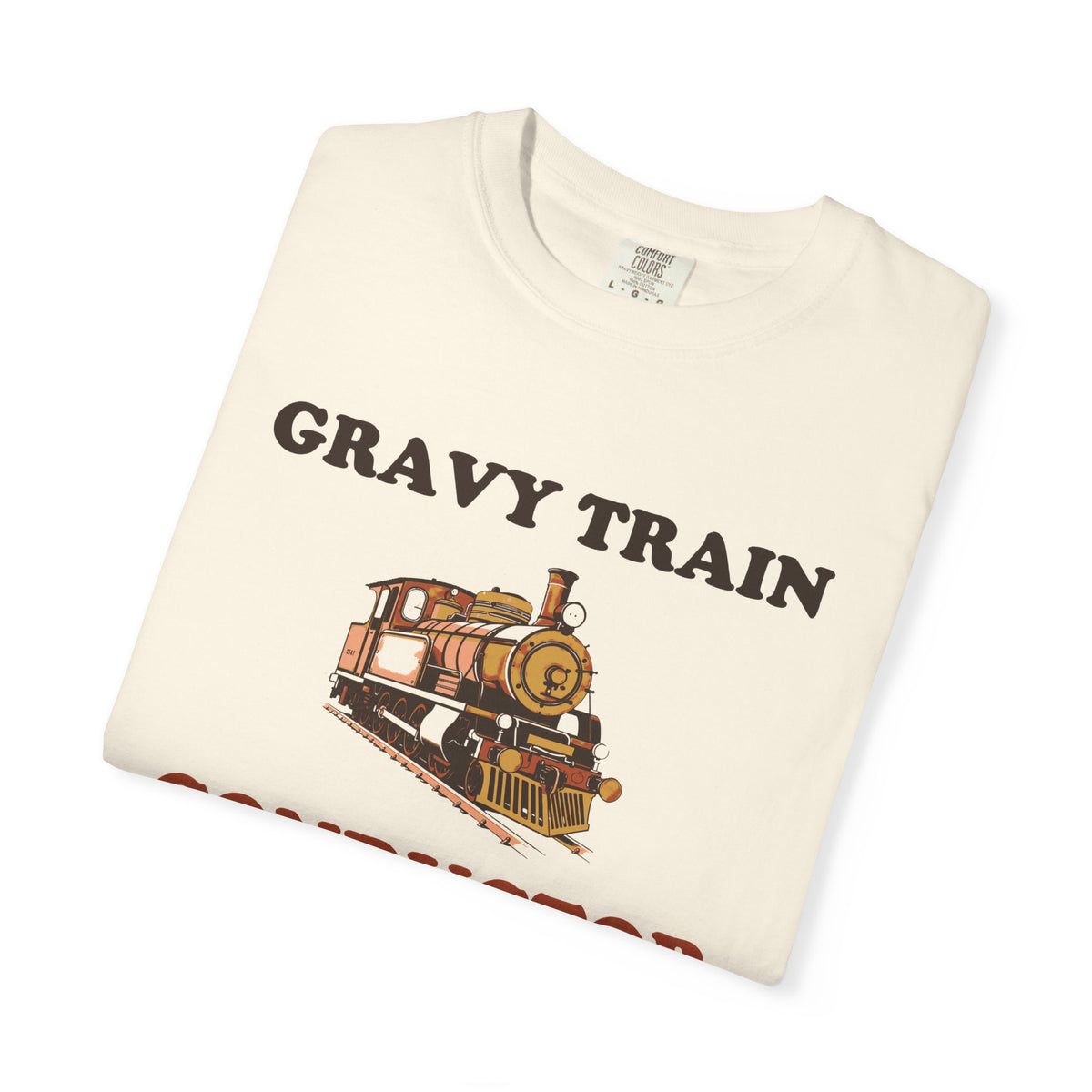 Gravy Train Conductor tee in Ivory, folded — close view of the locomotive and GRAVY TRAIN CONDUCTOR print