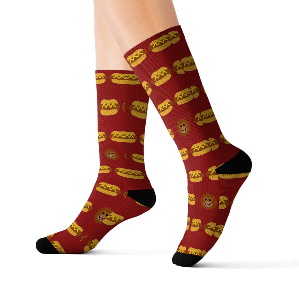 Hot dog socks by Slow Sunday Tees - The Full Roster all-over print with hidden Otis heads
