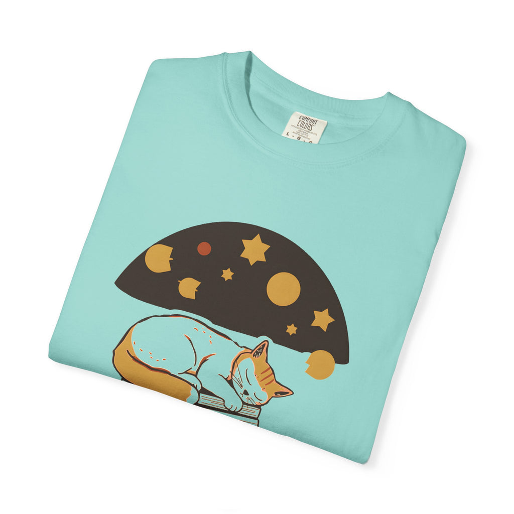 Lunch Break Read tee in Chalky Mint, folded — close view of the sleeping cat and books print