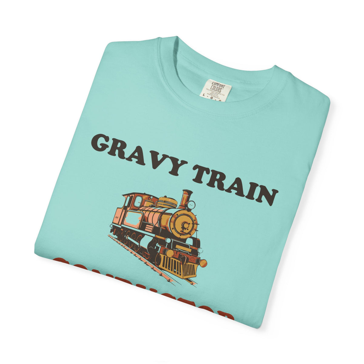 Gravy Train Conductor tee in Chalky Mint, folded — close view of the locomotive and GRAVY TRAIN CONDUCTOR print