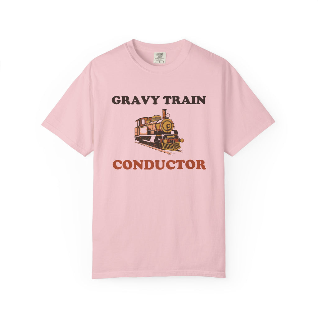 Gravy Train Conductor Thanksgiving tee in Blossom pink — Comfort Colors unisex T-shirt with a vintage steam locomotive with the words GRAVY TRAIN above and CONDUCTOR below printed on the front