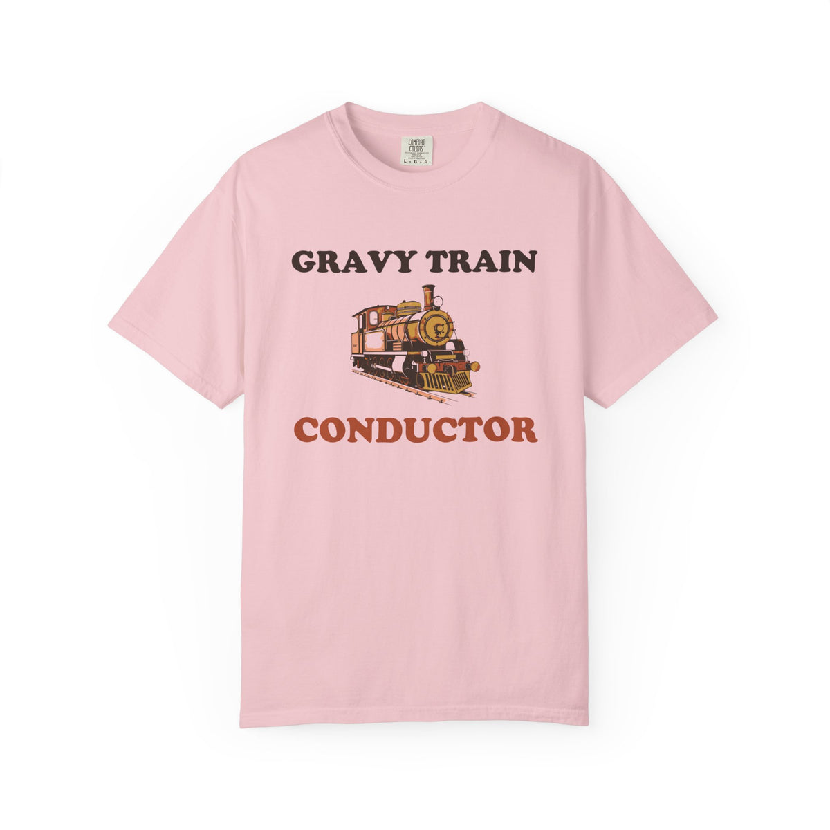 Gravy Train Conductor Thanksgiving tee in Blossom pink — Comfort Colors unisex T-shirt with a vintage steam locomotive with the words GRAVY TRAIN above and CONDUCTOR below printed on the front