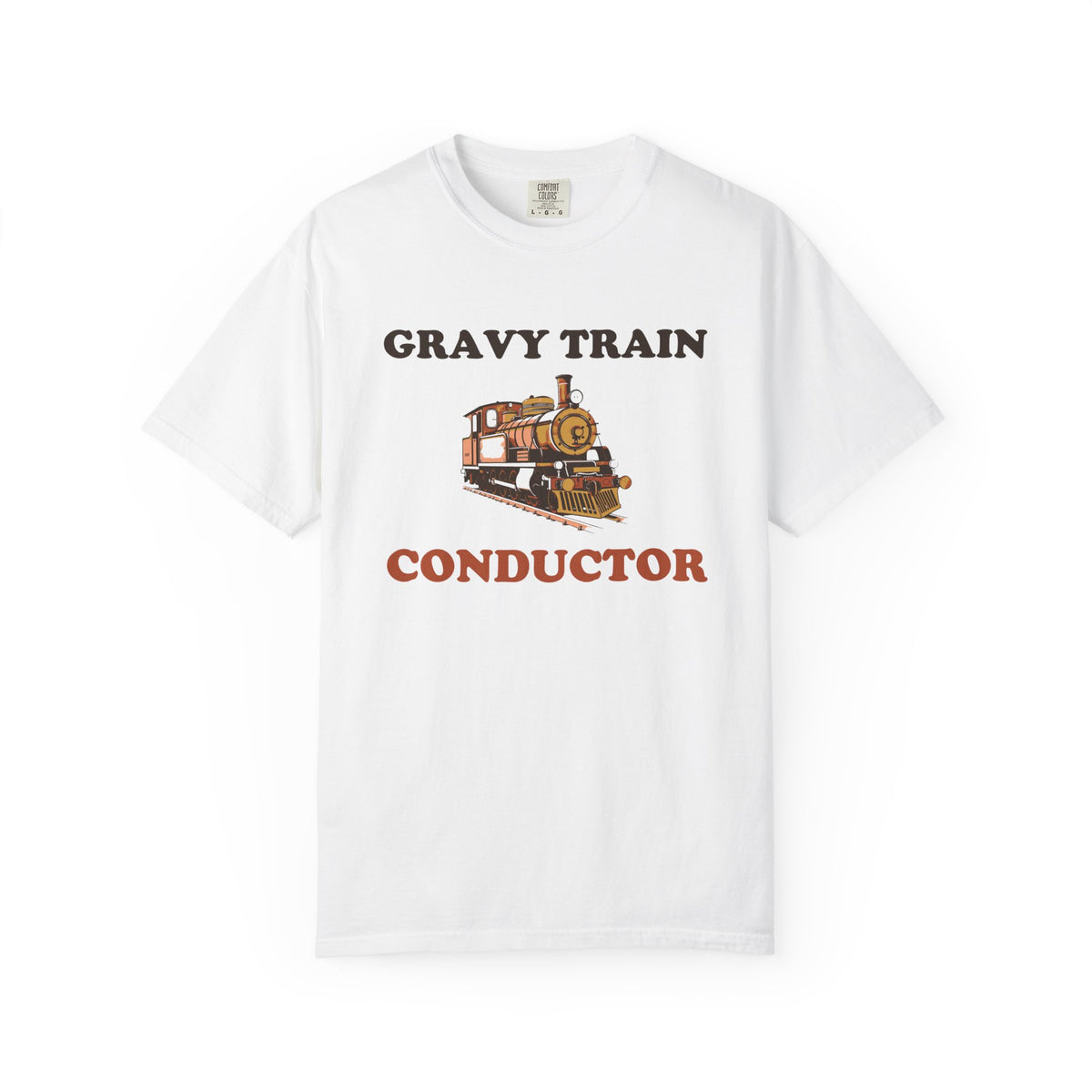 Gravy Train Conductor Thanksgiving tee in White — Comfort Colors unisex T-shirt with a vintage steam locomotive with the words GRAVY TRAIN above and CONDUCTOR below printed on the front