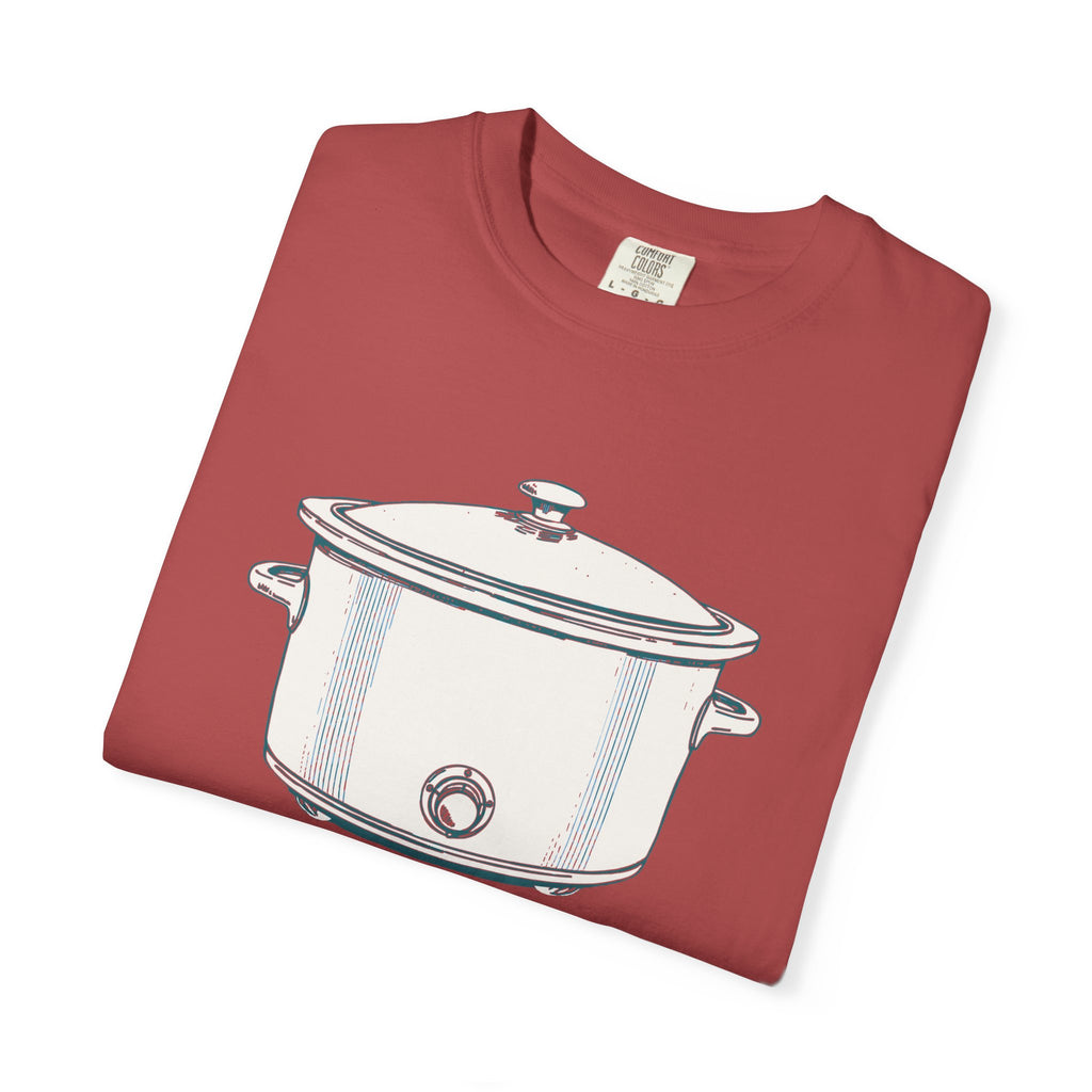 I Have Feelings I'm Processing Them Slowly tee in Crimson, folded — close view of the slow cooker print