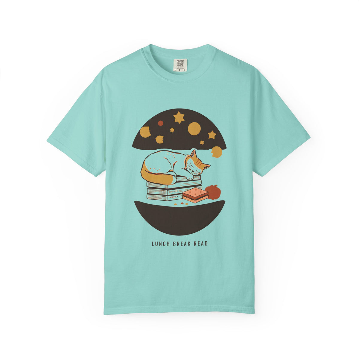 Lunch Break Read tee in Chalky Mint — Comfort Colors unisex T-shirt with a cat asleep on a stack of books under a starry night dome, with the words LUNCH BREAK READ underneath printed on the front