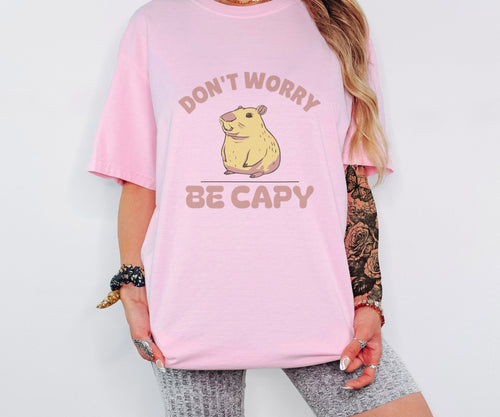 Capybara Fan Shirt - Don't Worry Be Capy Tee worn in Blossom