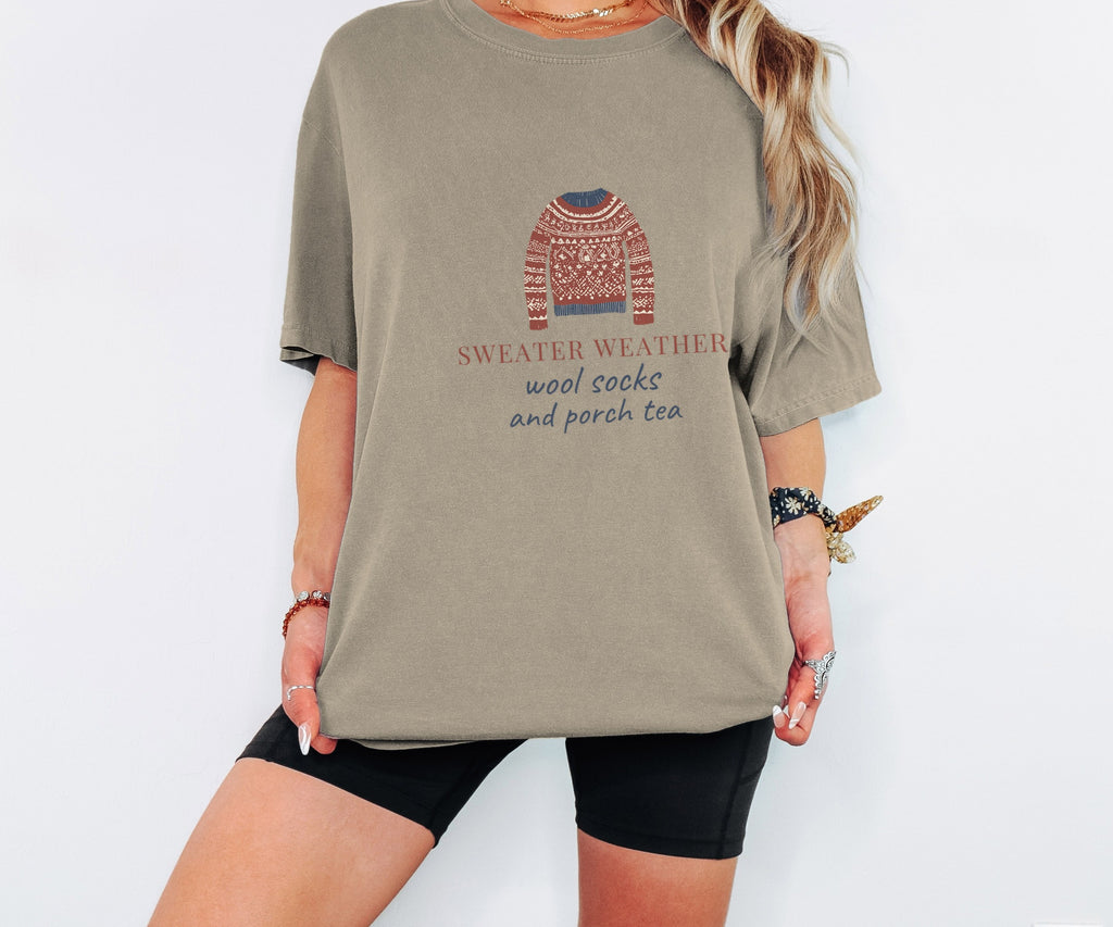 Fall Shirt - Sweater Weather Wool Socks And Porch Tea Tee worn in Khaki