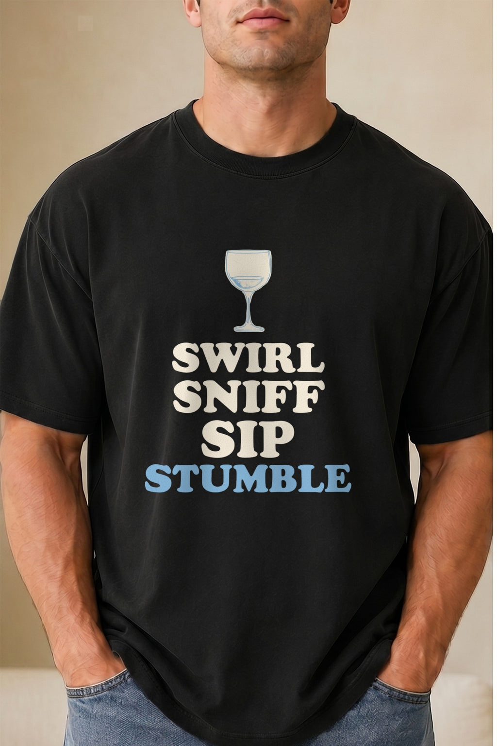 Wine Tasting Shirt - Swirl Sniff Sip Stumble Tee: light Comfort Colors tee worn by a model