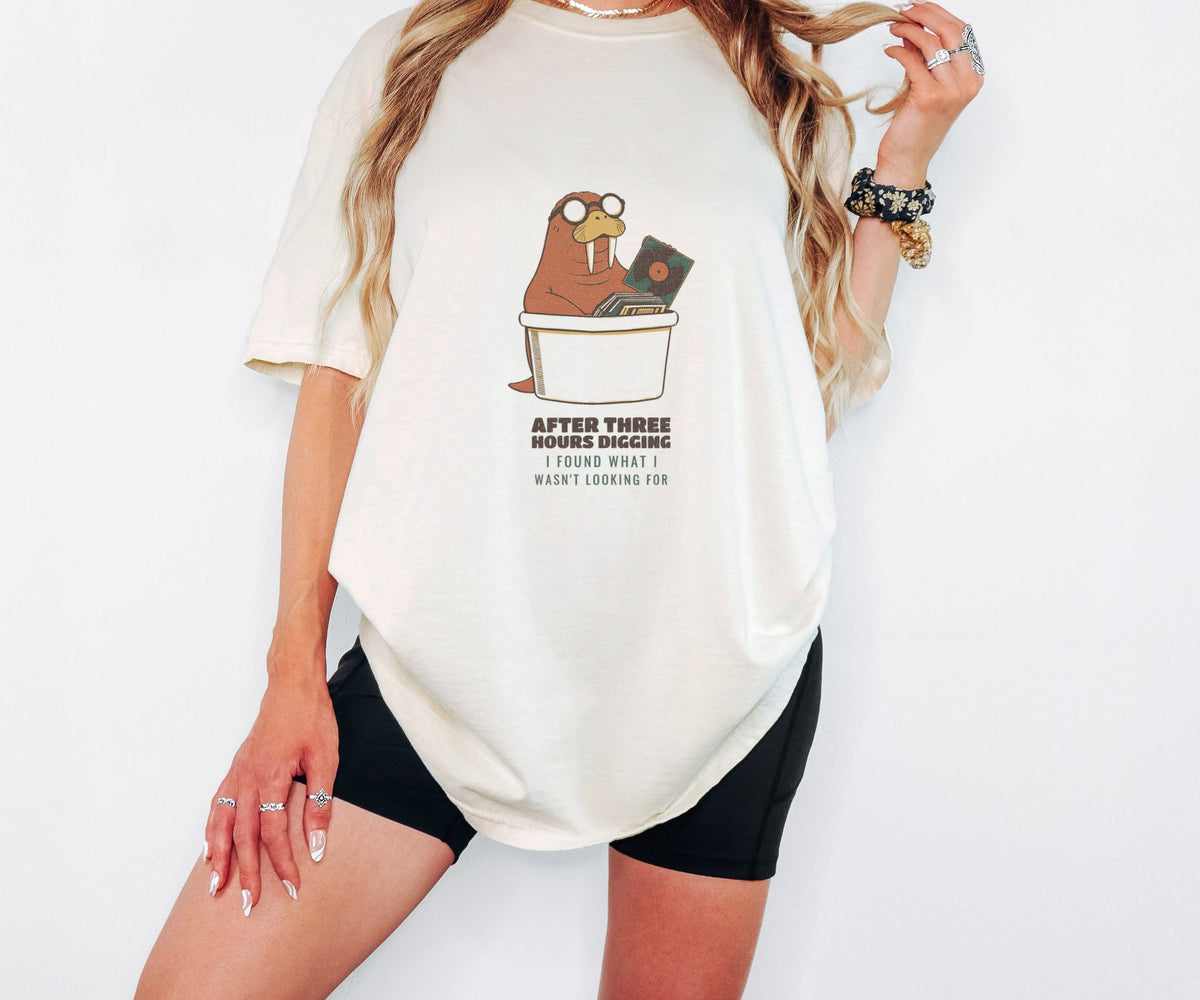 Vinyl Record Digging Tee - Walrus Finds Record worn in Ivory