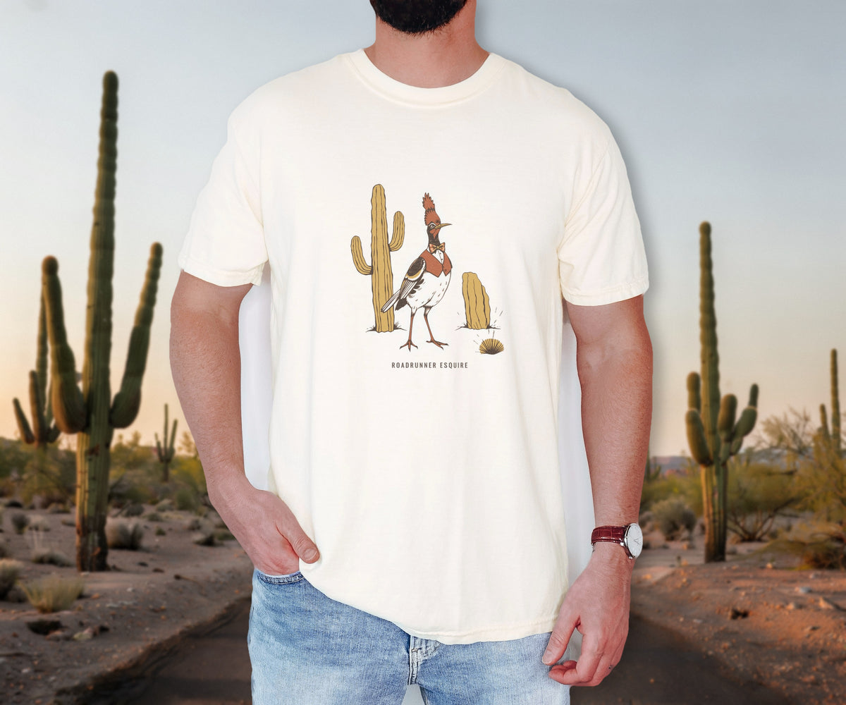 Desert Humor Shirt - Roadrunner Esquire Tee worn in Ivory