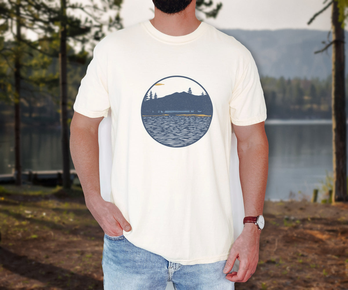 Lake Hiker Shirt - Pine Shore Landscape Tee worn in Ivory