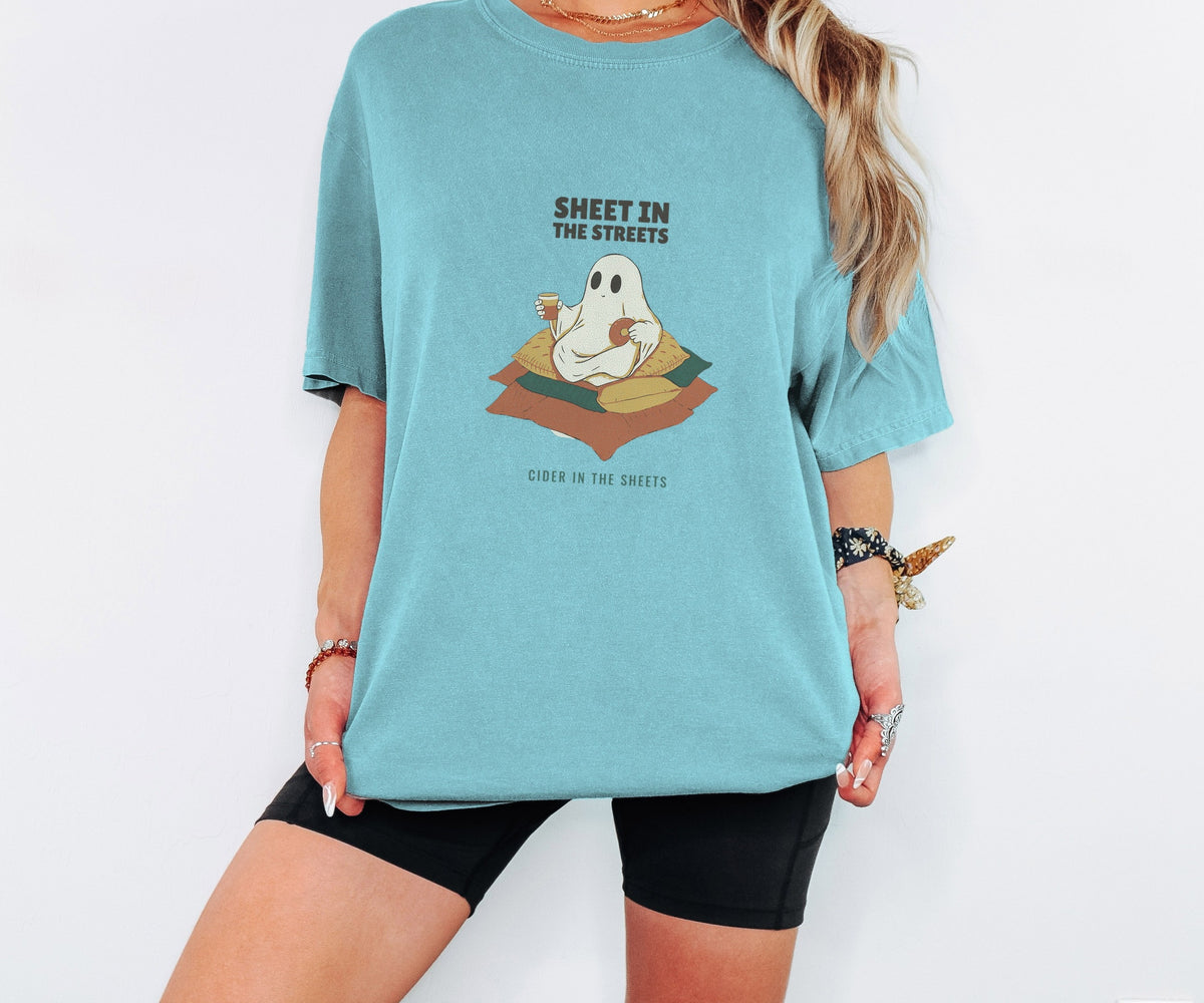 Cozy Halloween Shirt - Sheet in the Streets Cider in the Sheets worn in ChalkyMint