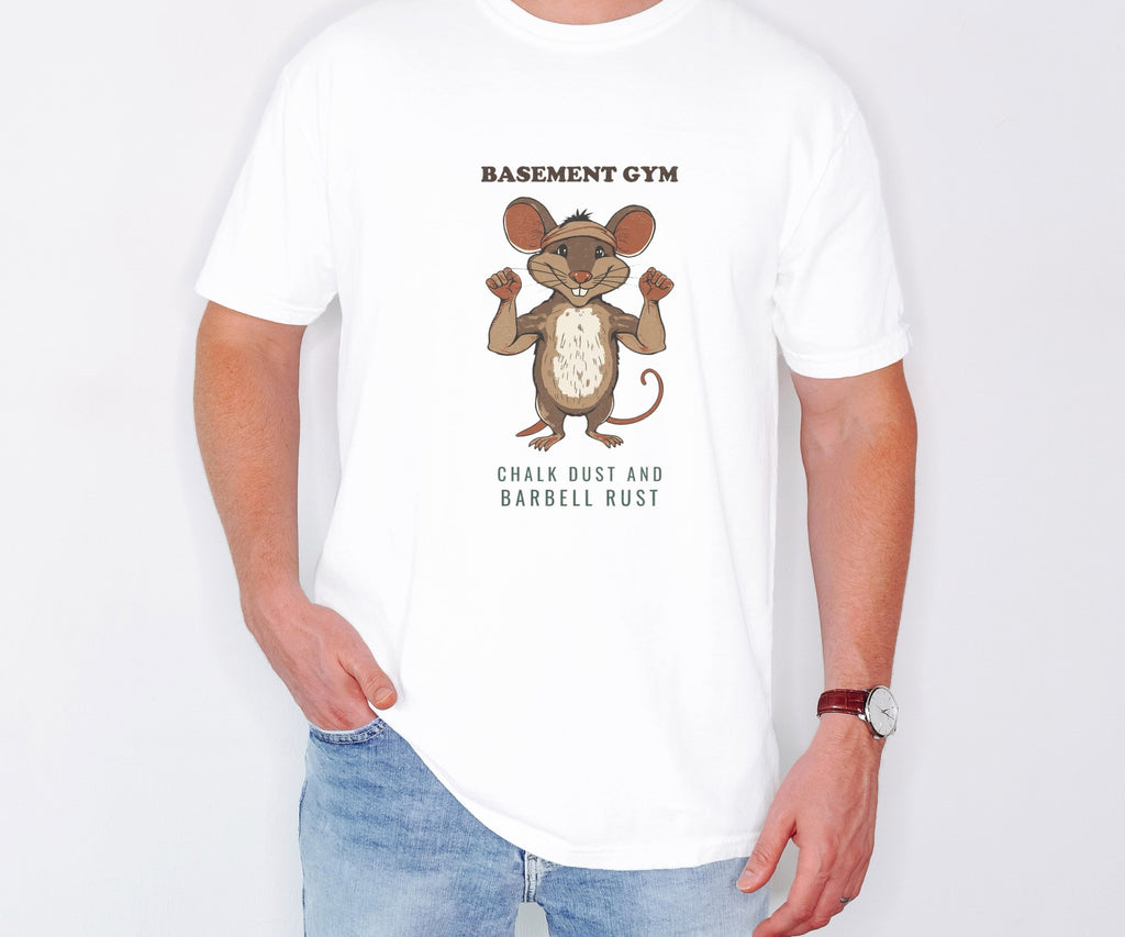 Gym Shirt - Basement Gym Chalk Dust And Barbell Rust Tee worn in White