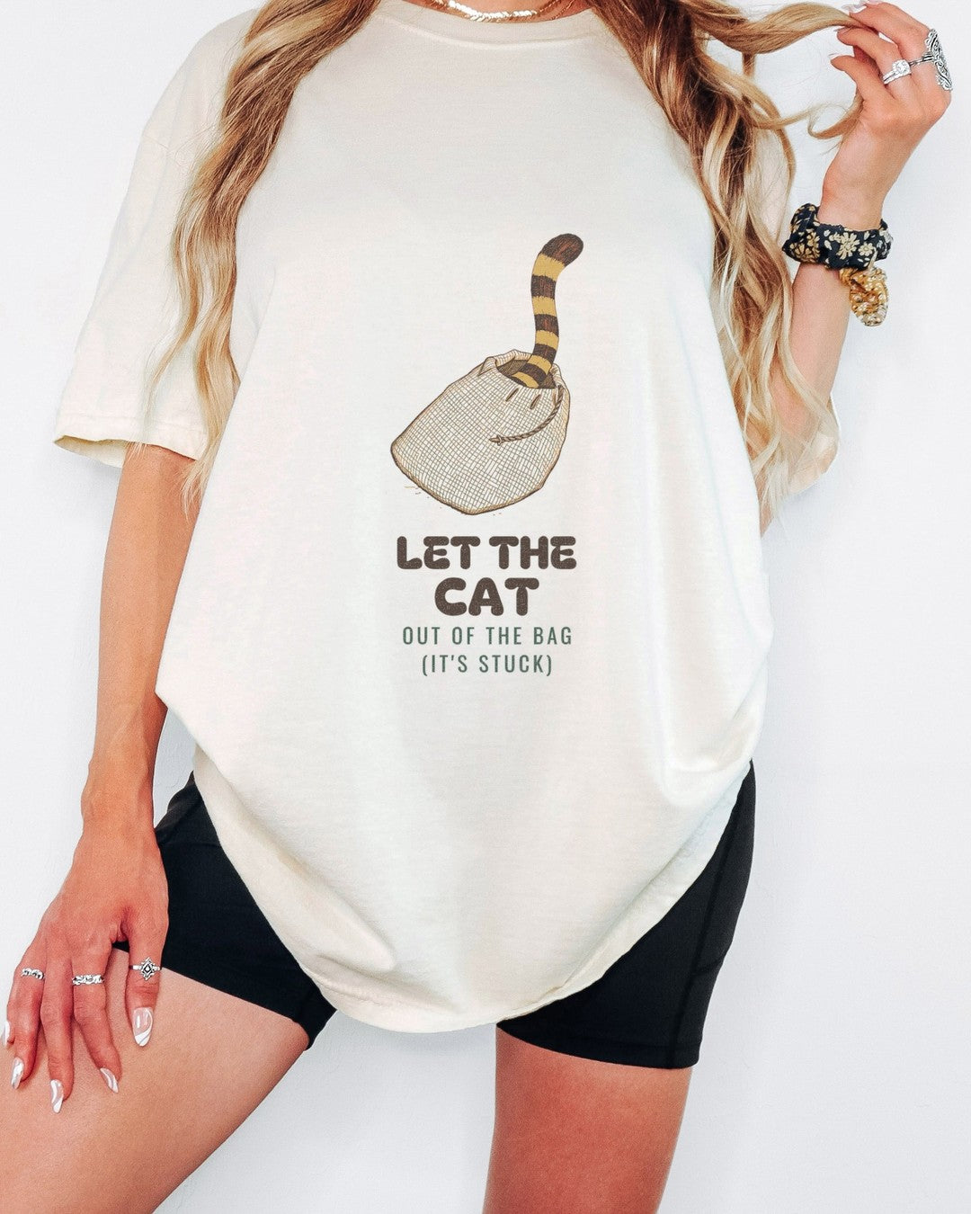 Cat Lover Shirt - Let The Cat Out Of The Bag It's Stuck Tee worn in Ivory