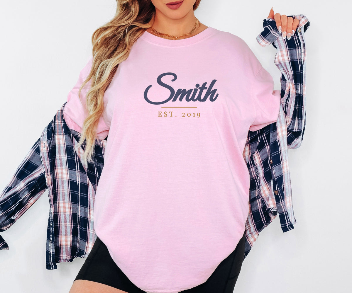 Custom Family Shirt Personalized Last Name Est Year Tee worn in Blossom