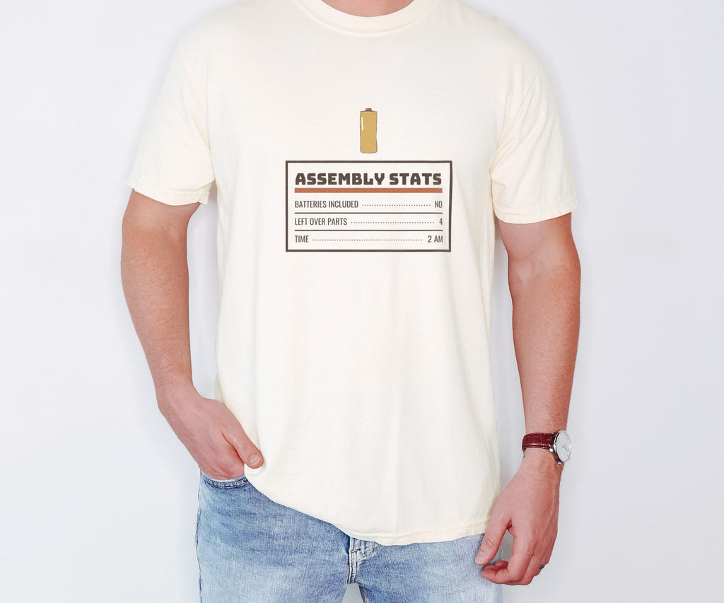 Men's Dad Christmas Shirt - Assembly Stats Storybook Art Tee worn