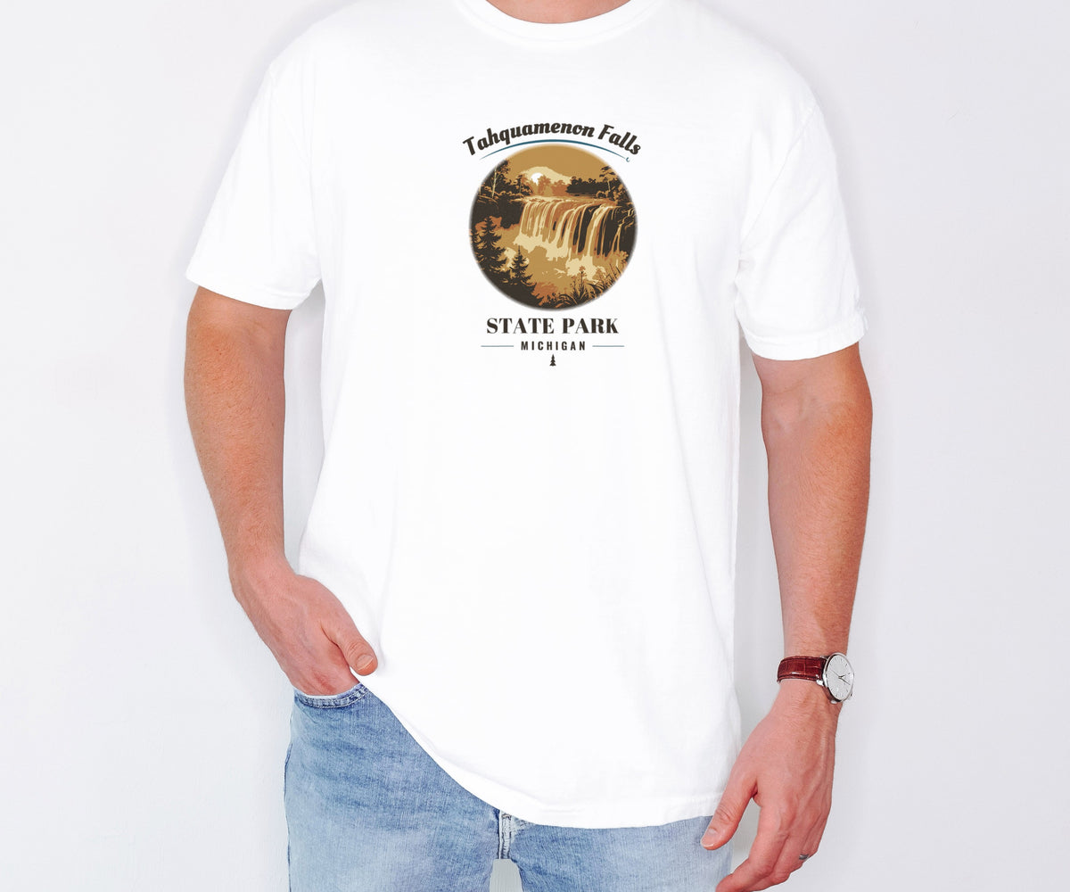 Tahquamenon Falls State Park Shirt - Michigan Souvenir Tee: white Comfort Colors tee worn by a model [worn lead]