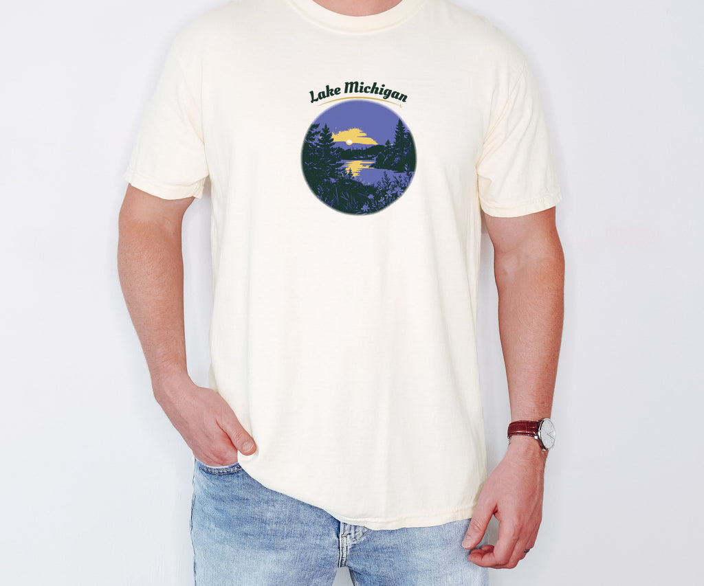 Lake Michigan Shirt - Souvenir Tee: ivory Comfort Colors tee worn by a model [worn lead]