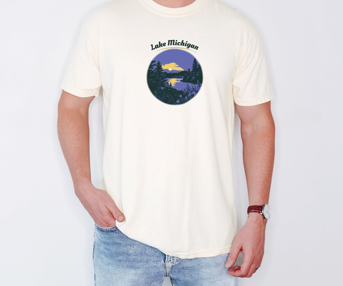 Lake Michigan Shirt - Souvenir Tee: ivory Comfort Colors tee worn by a model [worn lead]