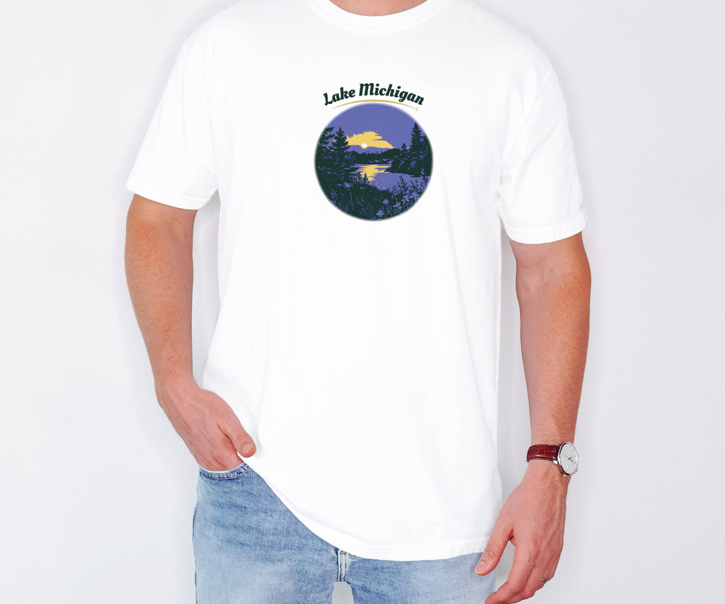 Lake Michigan Shirt - Souvenir Tee: white Comfort Colors tee worn by a model [worn lead]