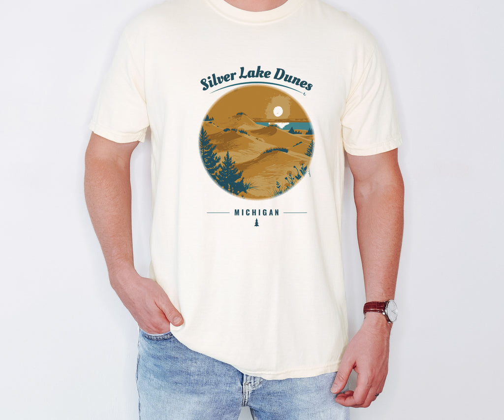 Silver Lake Shirt - Michigan Souvenir Tee: ivory Comfort Colors tee worn by a model [worn lead]
