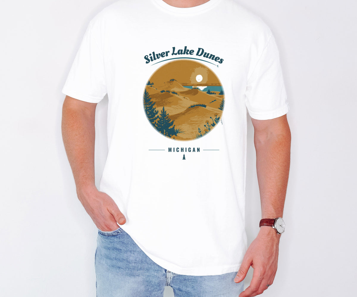 Silver Lake Shirt - Michigan Souvenir Tee: white Comfort Colors tee worn by a model [worn lead]