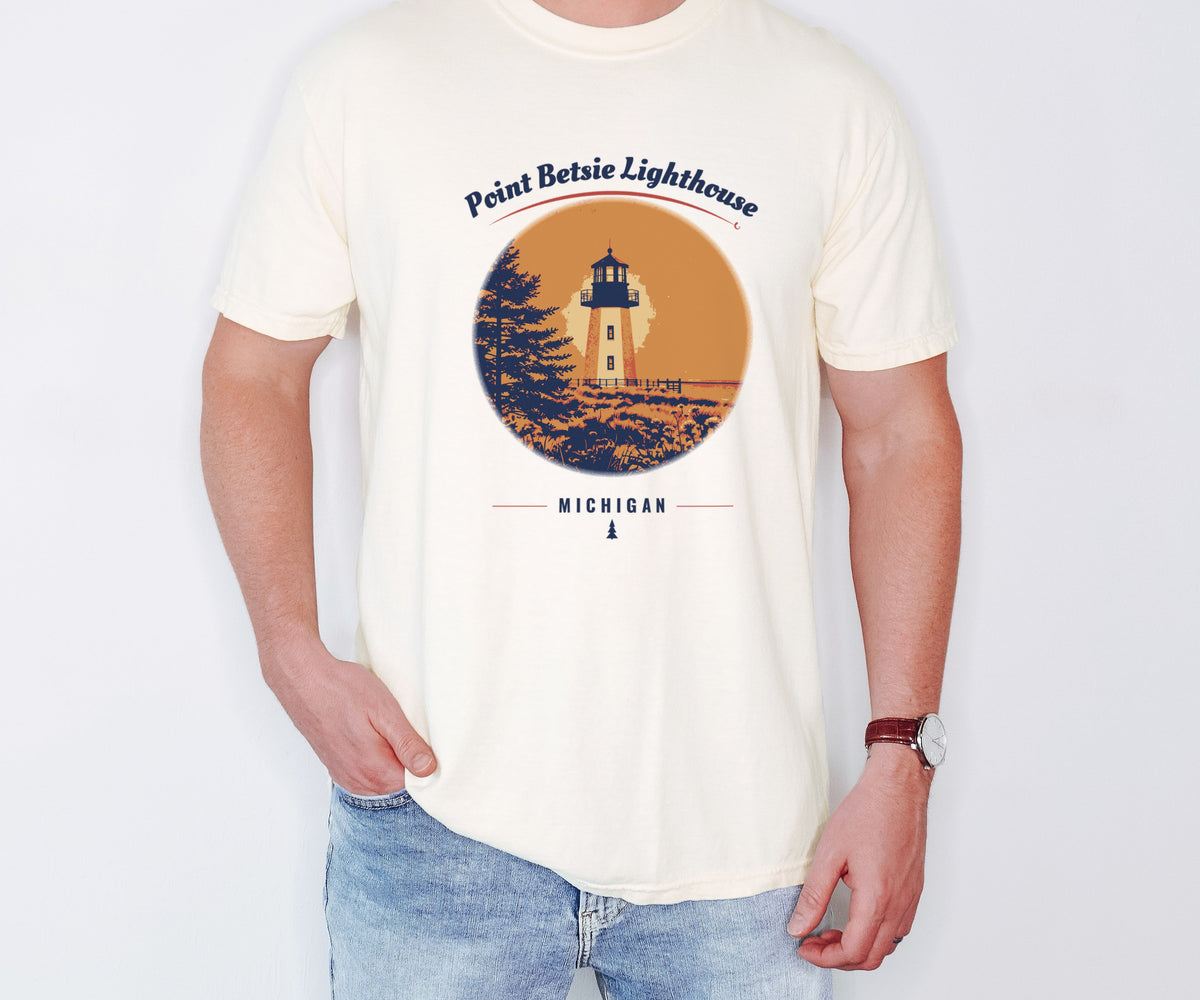 Point Betsie Lighthouse Shirt - Michigan Souvenir Tee: ivory Comfort Colors tee worn by a model [worn lead]