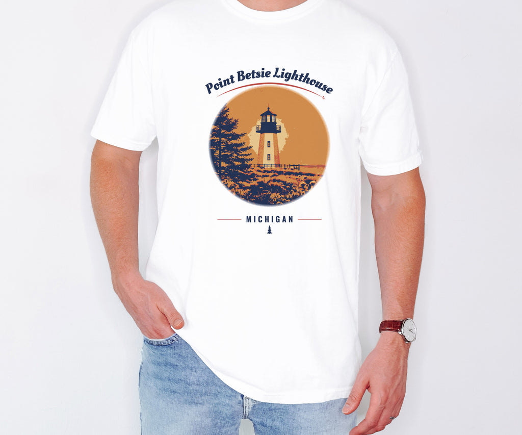 Point Betsie Lighthouse Shirt - Michigan Souvenir Tee: white Comfort Colors tee worn by a model [worn lead]