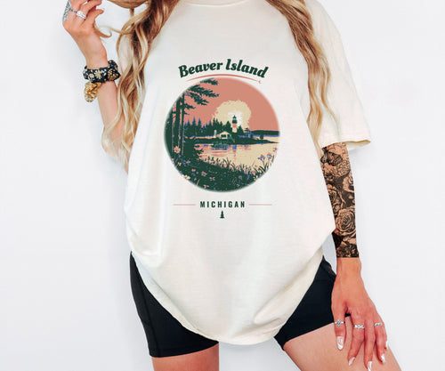 Beaver Island Shirt - Michigan Souvenir Tee: ivory Comfort Colors tee worn by a model [worn lead]