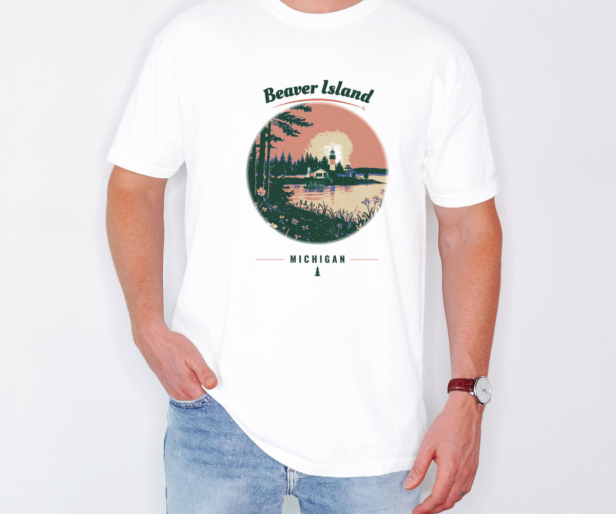 Beaver Island Shirt - Michigan Souvenir Tee: white Comfort Colors tee worn by a model [worn lead]