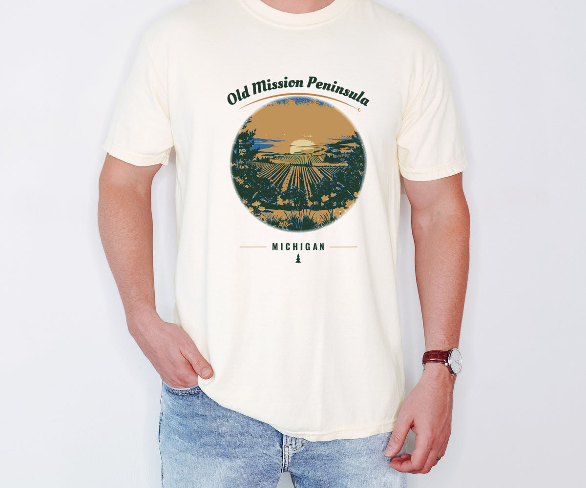 Old Mission Peninsula Shirt - Michigan Souvenir Tee: ivory Comfort Colors tee worn by a model [worn lead]