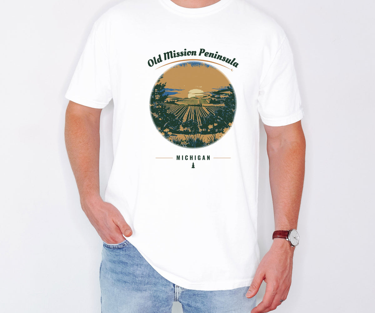 Old Mission Peninsula Shirt - Michigan Souvenir Tee: white Comfort Colors tee worn by a model [worn lead]