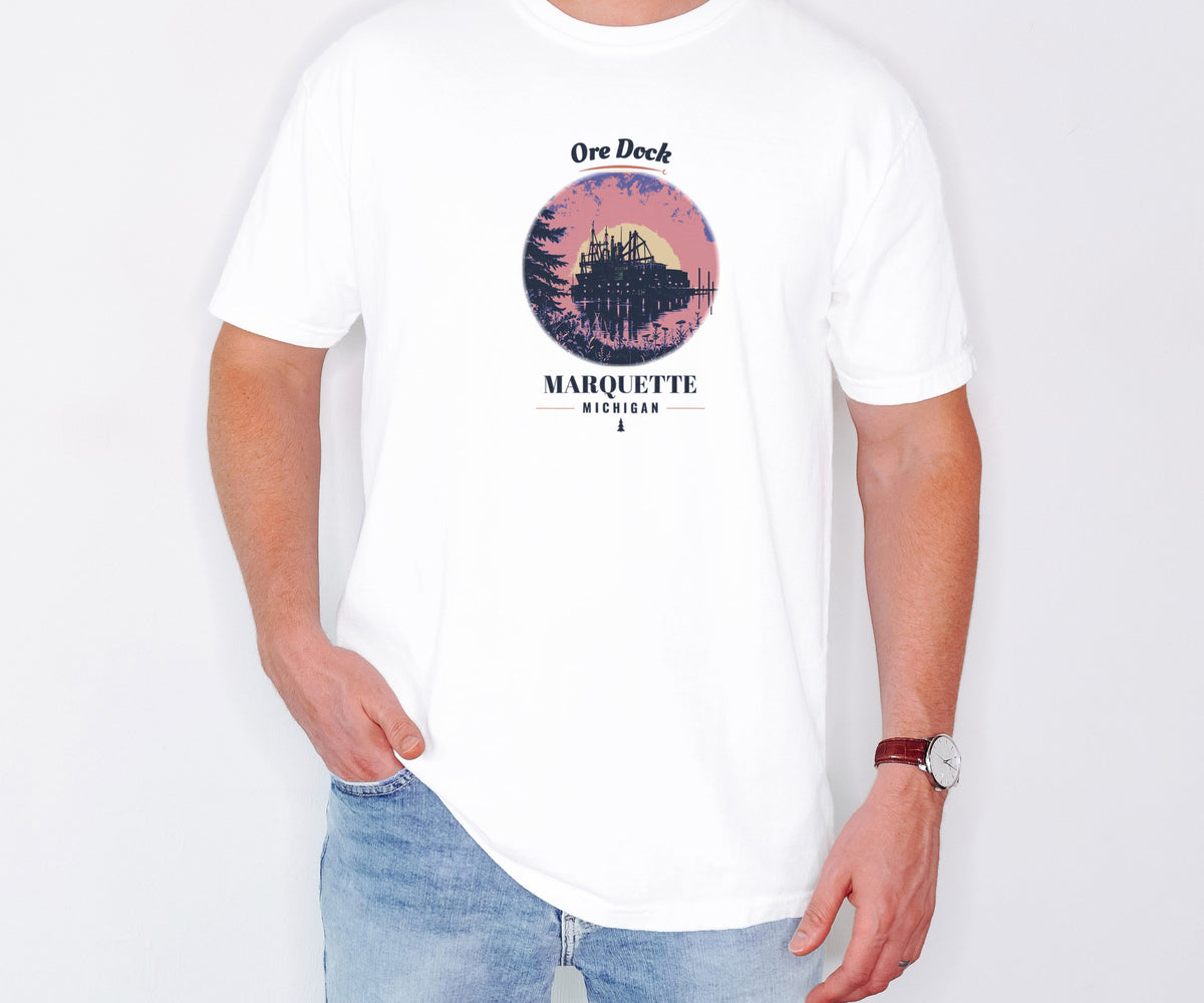 Marquette Shirt - Ore Dock Tee: white Comfort Colors tee worn by a model [worn lead]