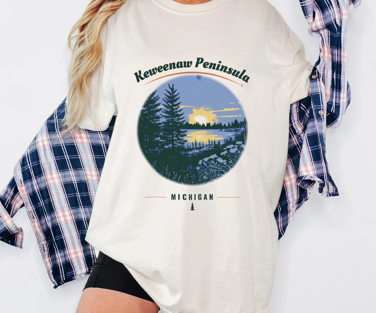 Keweenaw Peninsula Shirt - Michigan Souvenir Tee: ivory Comfort Colors tee worn by a model [worn lead]